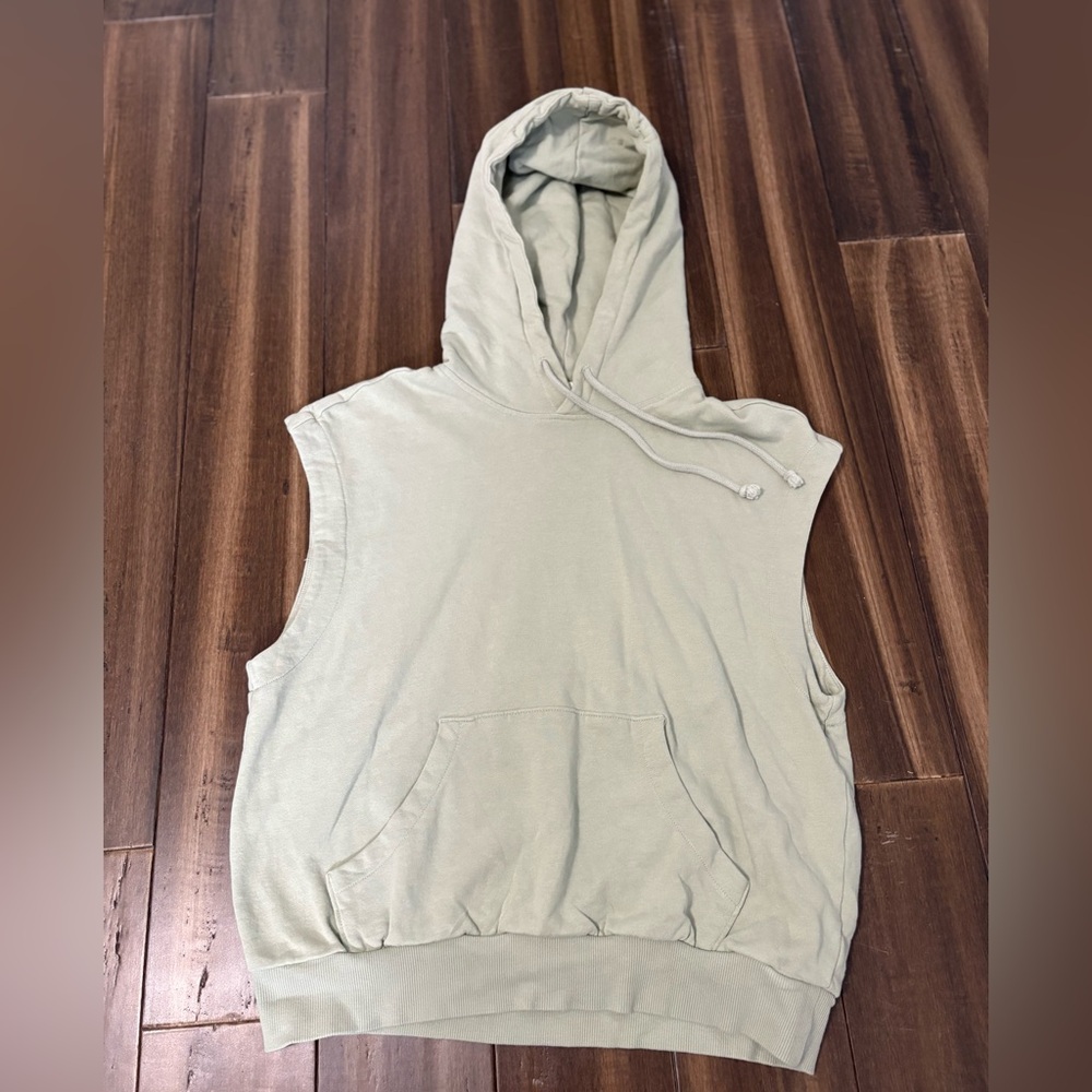 Sz S Sleeveless Light Green Sage Hoodie Pocket Drawstring Elastic Waistband Y2K